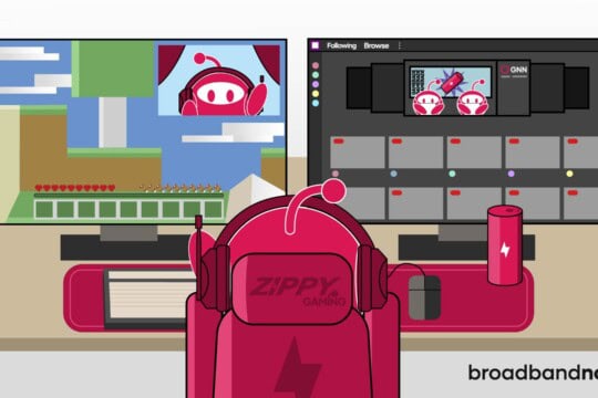 Graphic of a character streaming and playing games on two monitors.