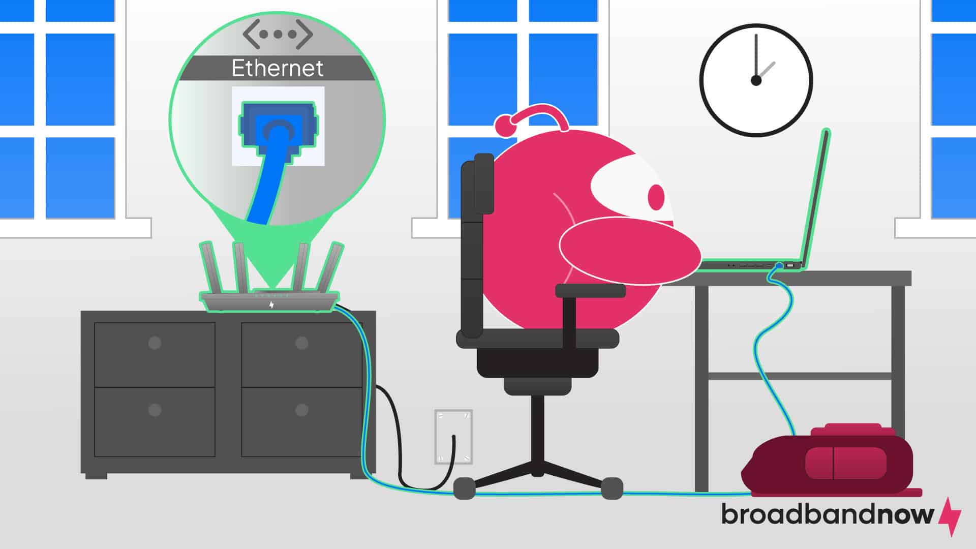 A graphic illustration of a character mascot sitting in front of a laptop connected via an Ethernet cable.