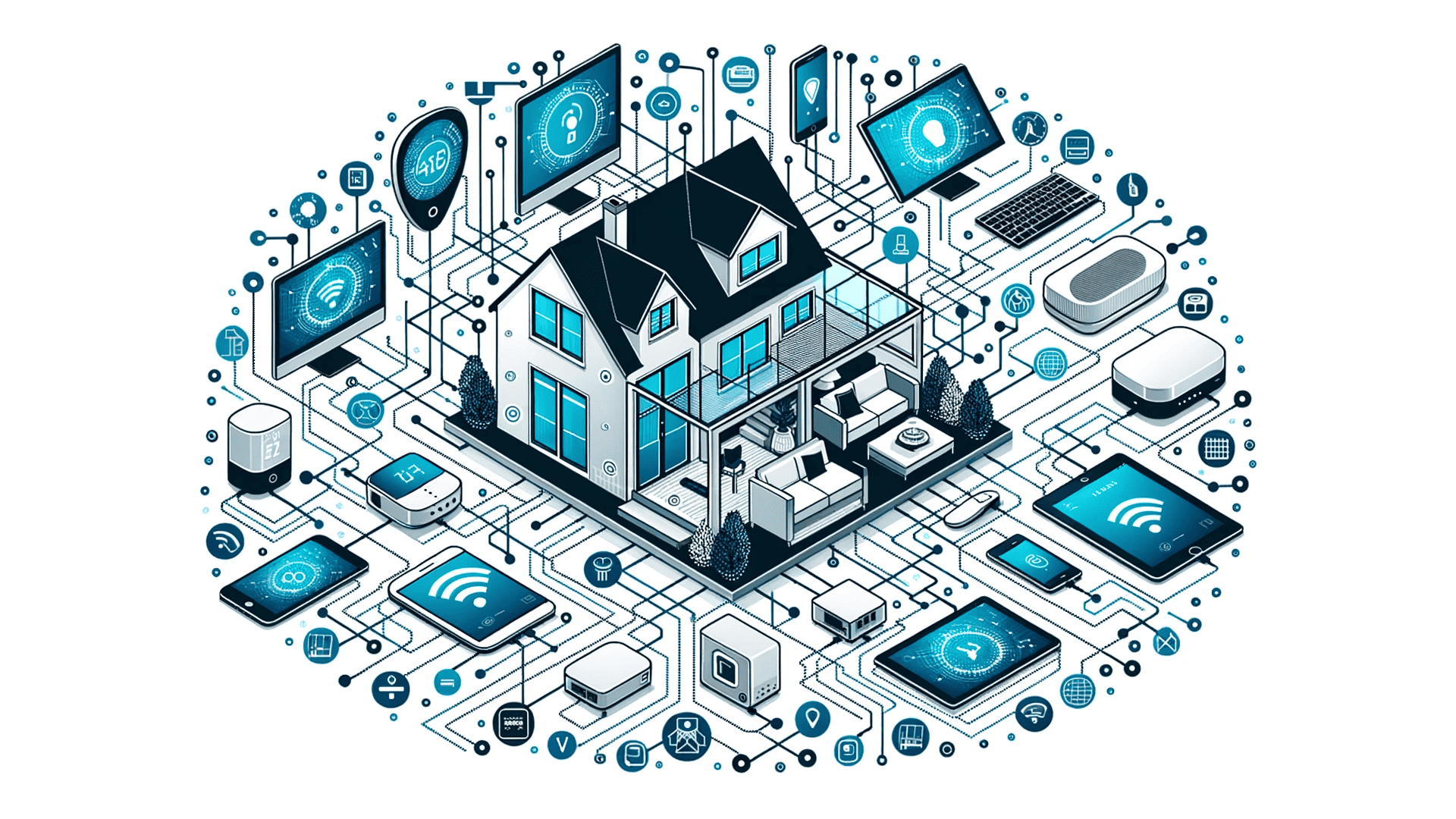 A two-story house connected to several Wi-Fi-enabled devices.